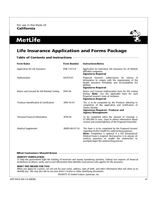 Life Insurance Application Form - California