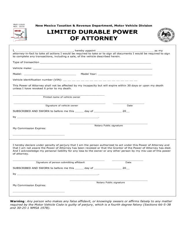 Limited Durable Power of Attorney - New Mexico Motor Vehicle Division