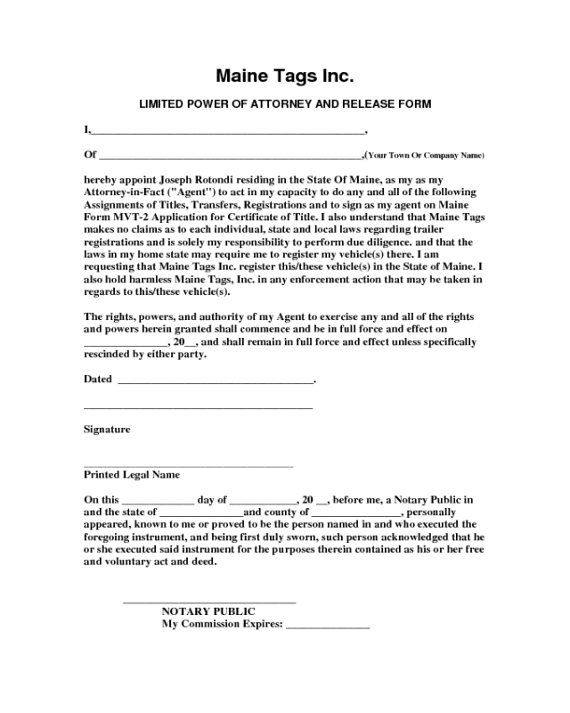 Limited Power of Attorney and Release Form - Maine