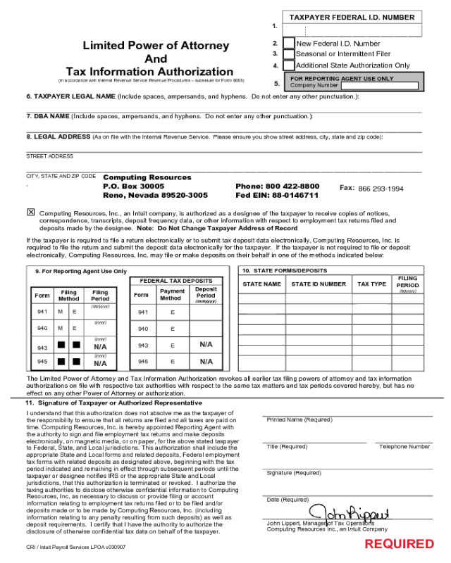 Limited Power of Attorney and Tax Information Authorization - Nevada