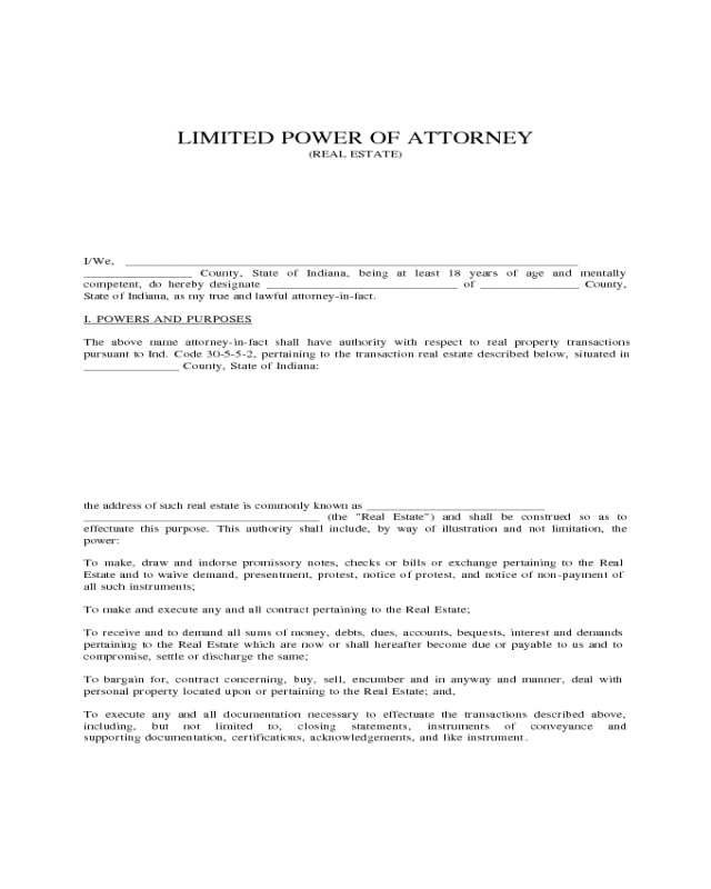 Limited Power of Attorney for Real Estate - Indiana