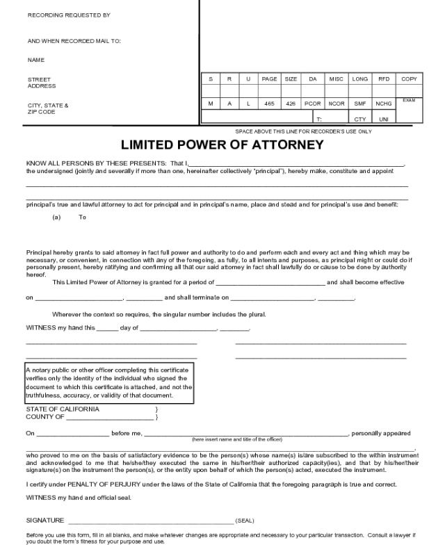 Limited Power of Attorney Form - California