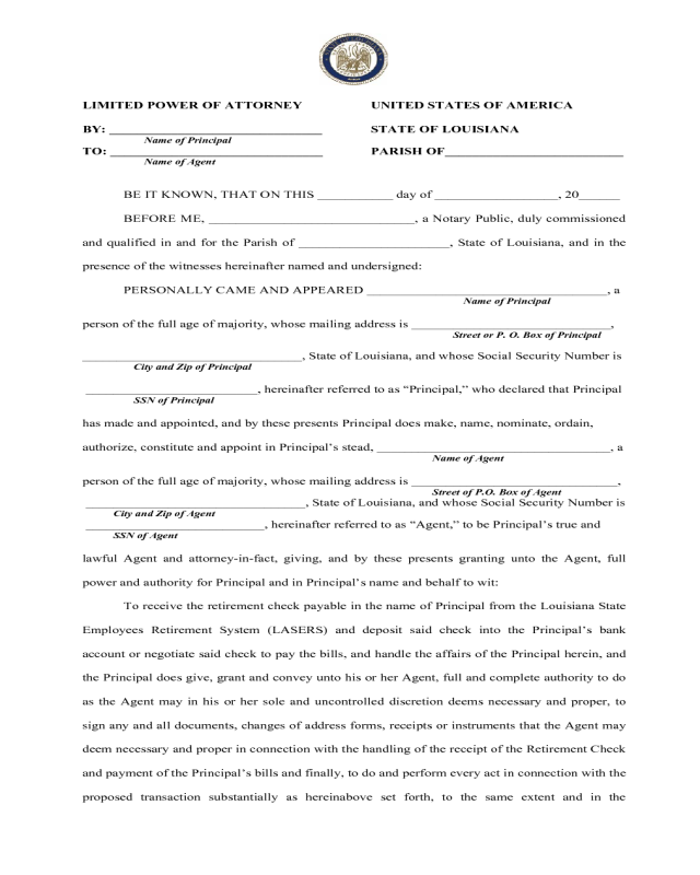 Limited Power of Attorney Form - Louisiana