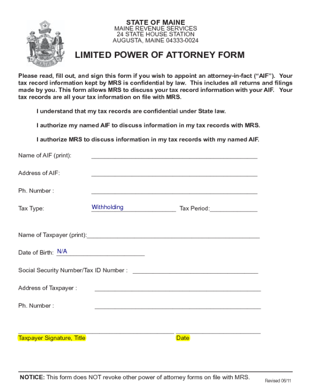 Limited Power of Attorney Template - Maine