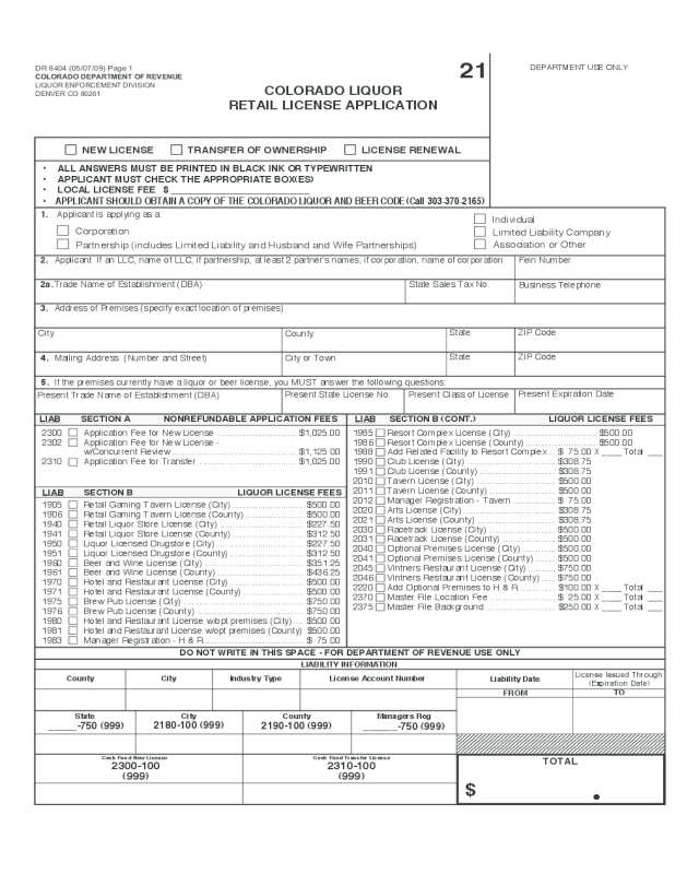 Liquor Licence Application Form - Colorado