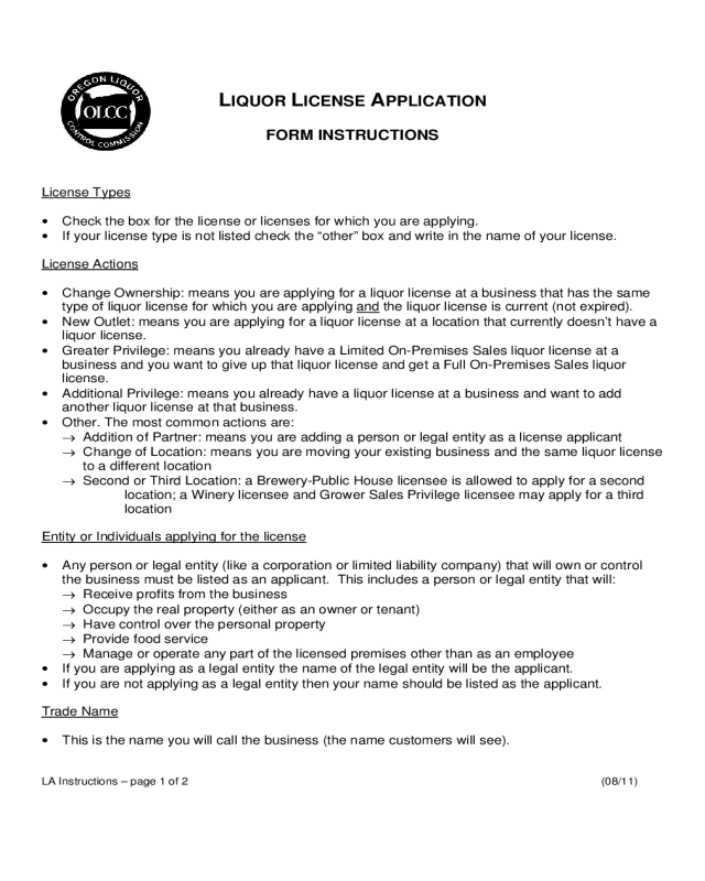 Liquor Licence Application Form - Oregon