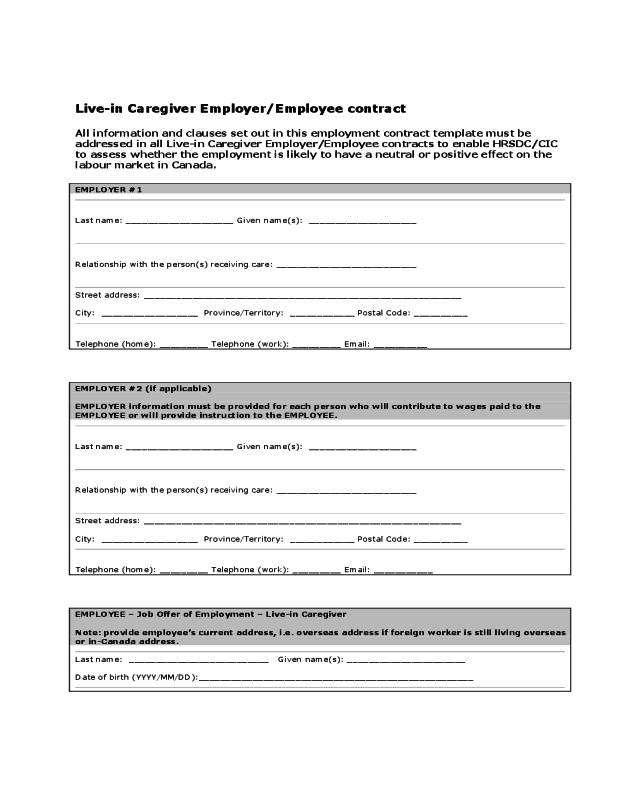 Live-in Caregiver Employer/Employee Contract - Canada