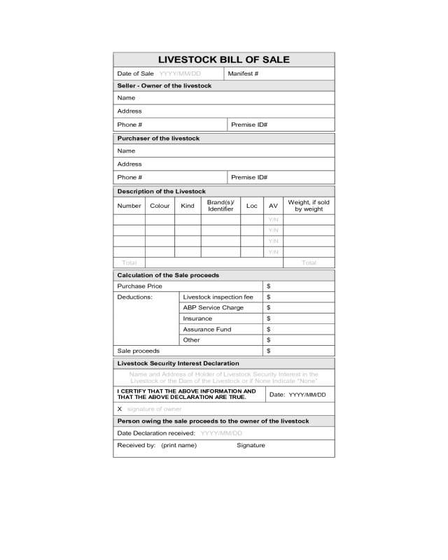 Livestock Bill of Sale Form - Calgary