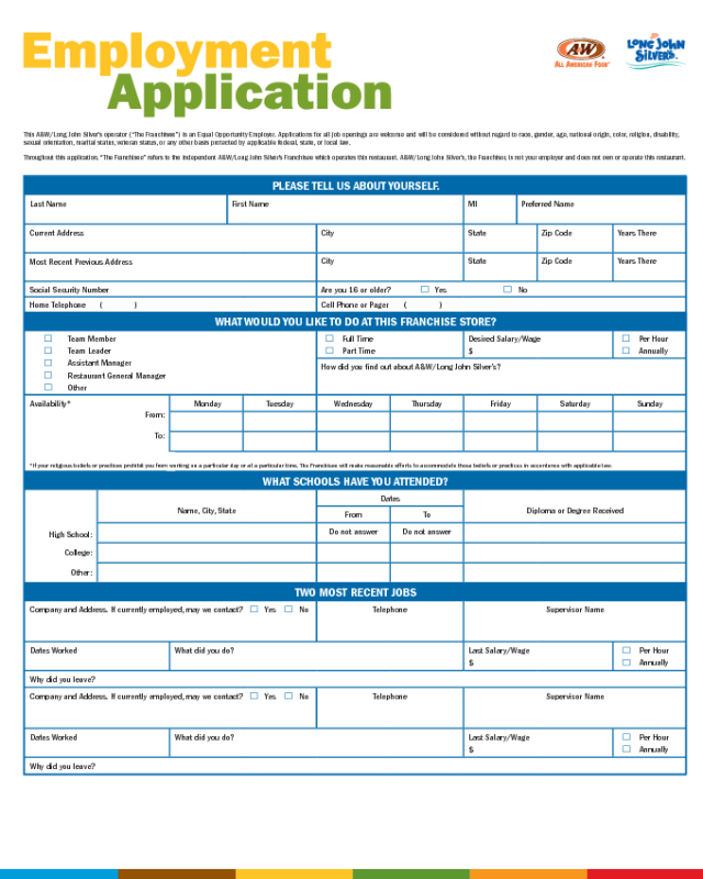 Long John Silvers Application Form Page1 