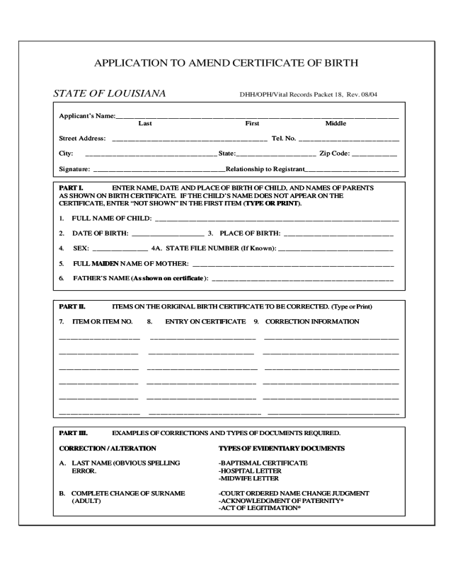 Louisiana Certificate of Birth Form