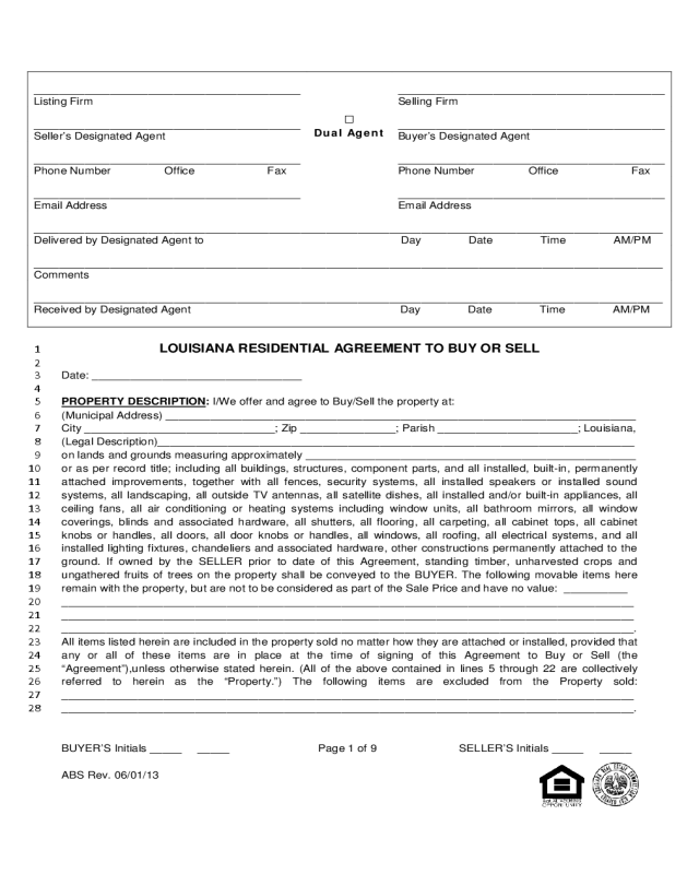 Louisiana Residential Agreement to Buy Or Sell