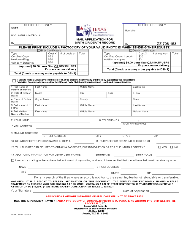 Mail Application for a Certified Copy of a Birth Certificate - Texas