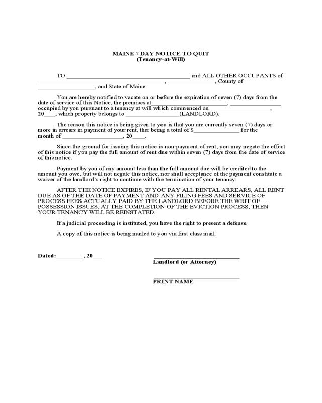 Maine Seven Day Notice to Quit (Tenancy-at-Will)