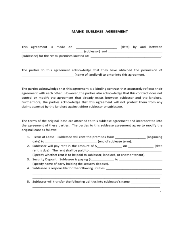 Maine Sublease Agreement