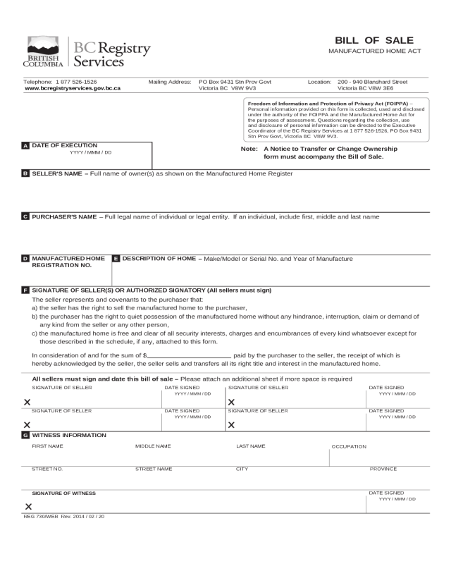 Manufactured Home Bill of Sale Form - British Columbia