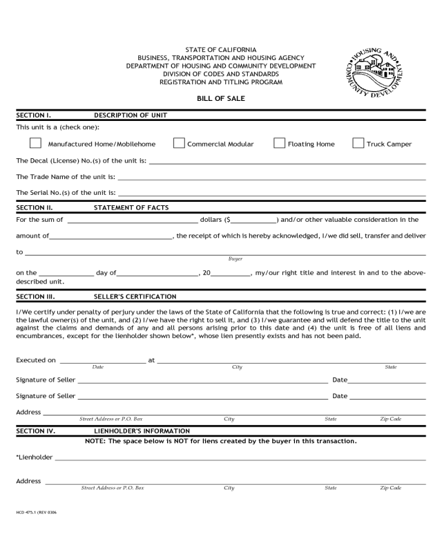 Manufactured Home Bill of Sale Form - California
