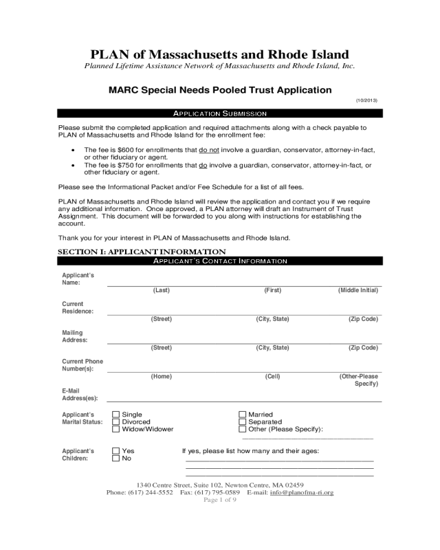 MARC Application Form for PLAN of Massachusetts and Rhode Island