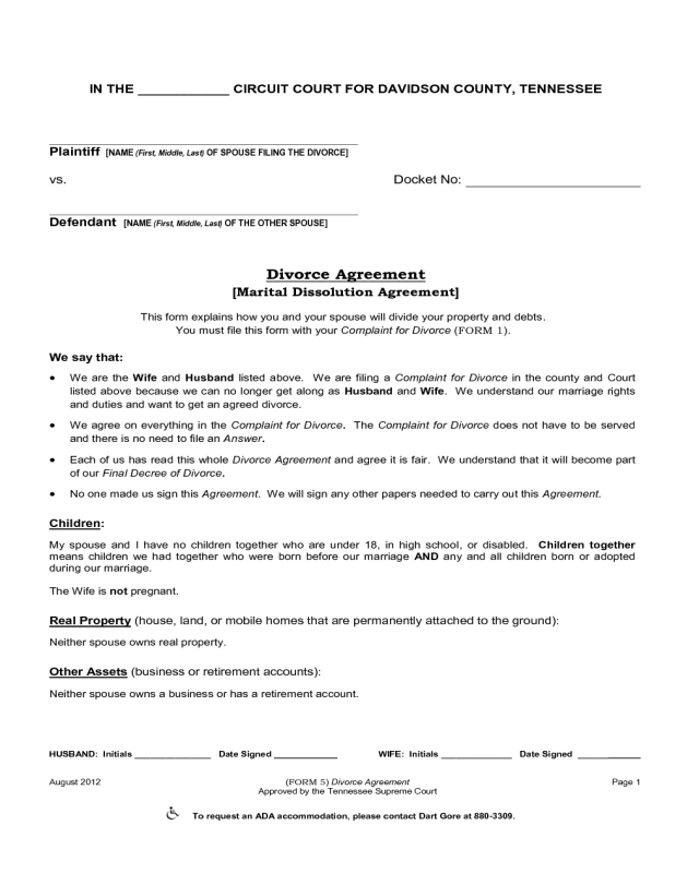Marital Dissolution Agreement - Tennessee