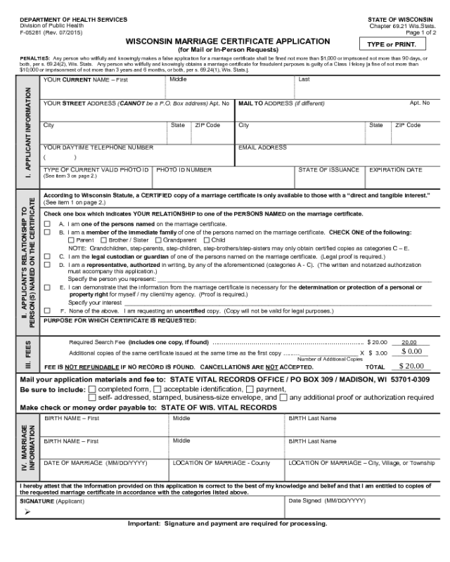 Marriage Certificate Application - Wisconsin