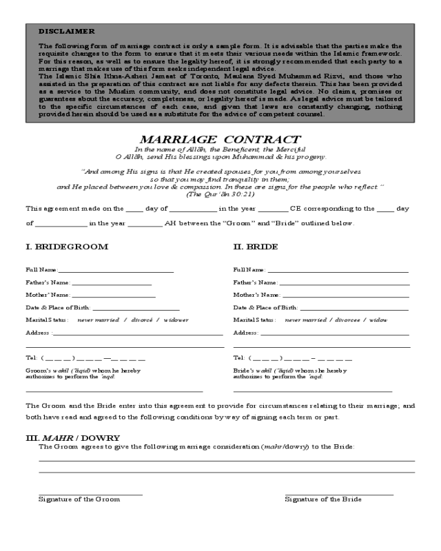 Marriage Contract Form - Ontario