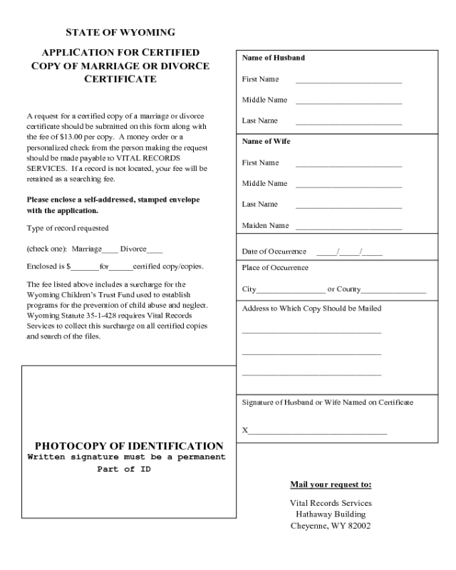 Marriage or Divorce Certificate - Wyoming