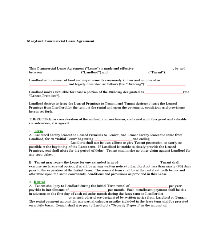Maryland Commercial Lease Agreement Form