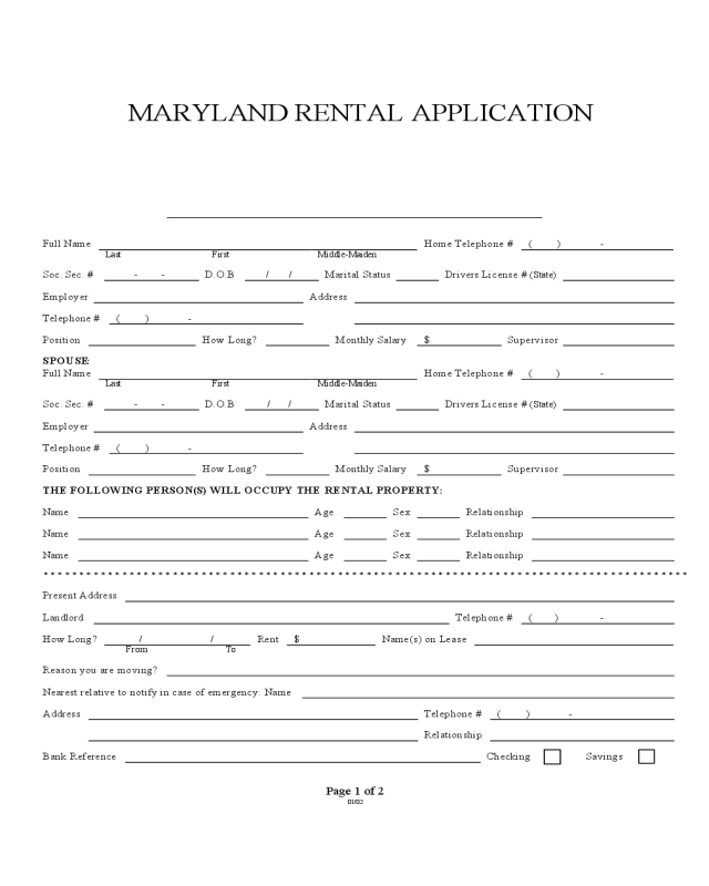 Maryland Rental Application