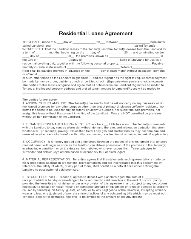 Printable Maryland Residential Lease Agreement