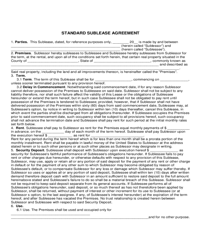 Maryland Standard Sublease Agreement Form