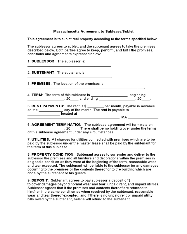 Massachusetts Agreement to Sublease/Sublet Form