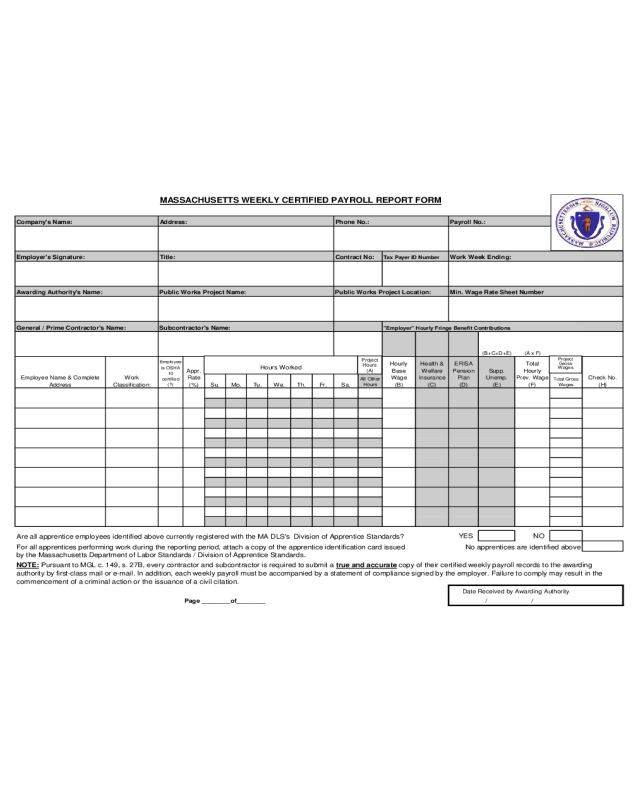 Massachusetts Weekly Certified Payroll Report Form