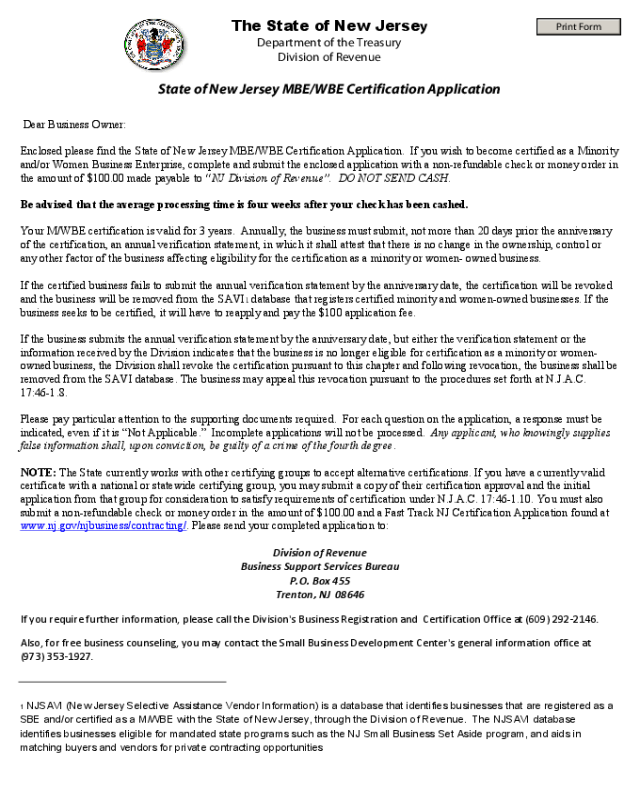 MBE/WBE Certification Application - New Jersey
