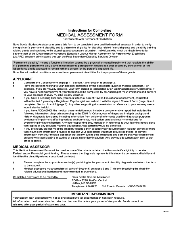 MEDICAL ASSESSMENT FORM For Students with Permanent Disabilities - Nova Scotia