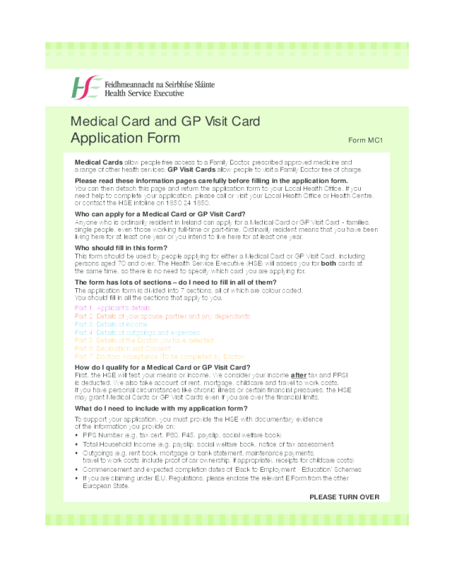 Medical Card and GP Visit Card Application Form - Health Service Executive