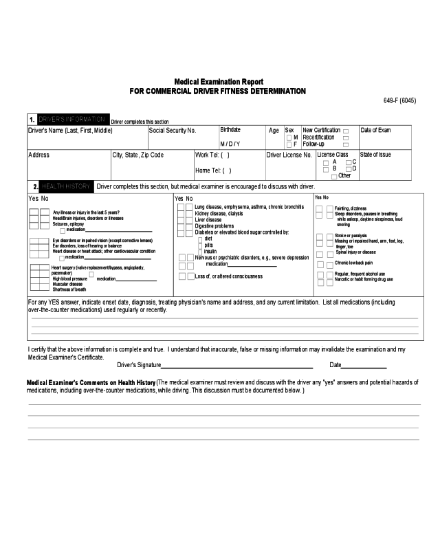 Medical Examination Report for Commercial Driver Fitness Determination