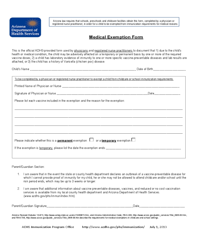 Medical Exemption Form - Arizona