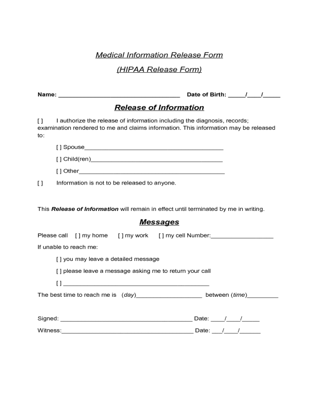 Medical Information Release Form - HIPAA