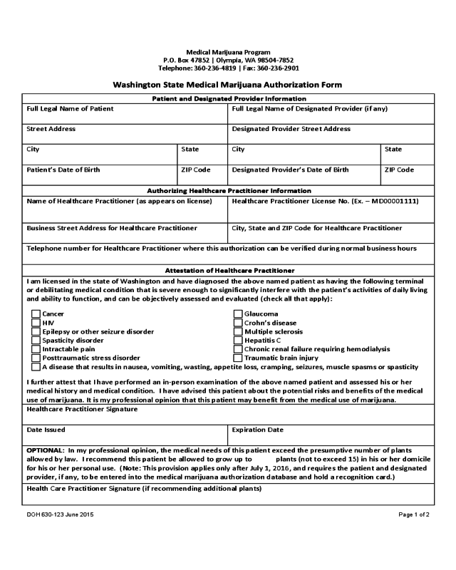 Medical Marijuana Authorization Form - Washington State