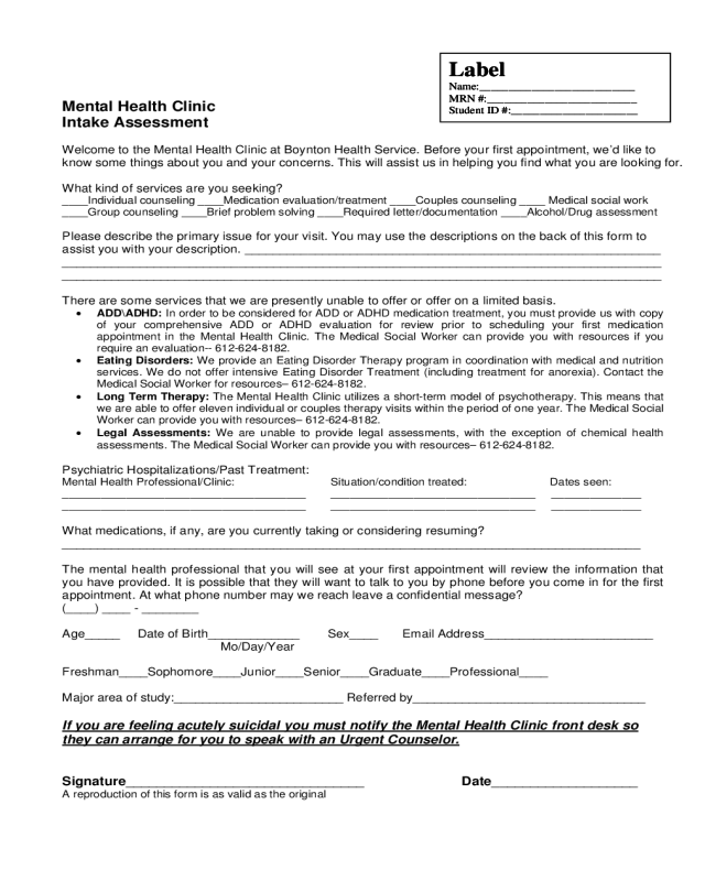 Mental Health Evaluation Form - Minnesota