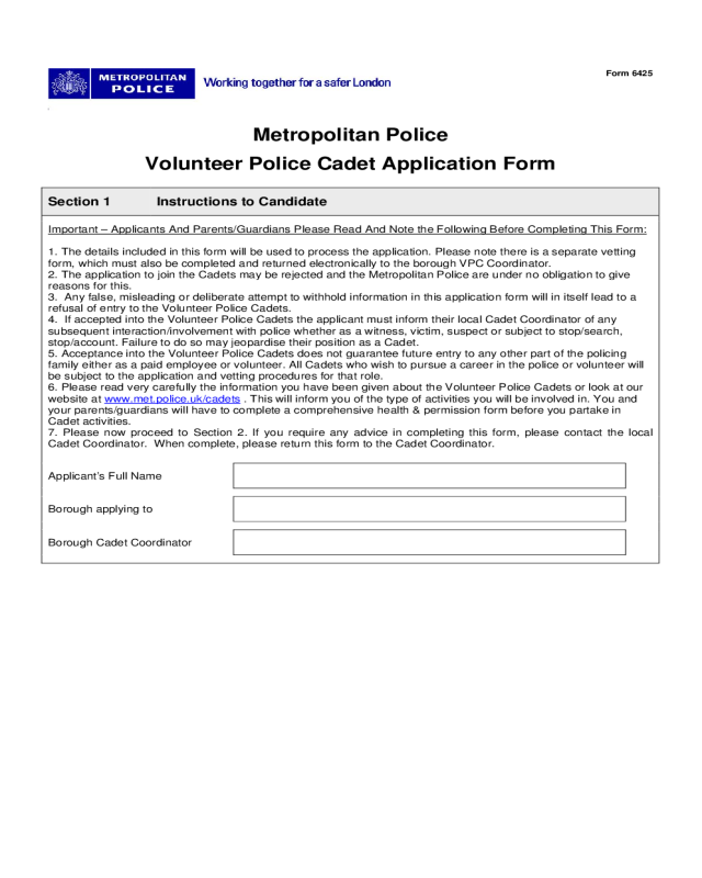 Metropolitan Police Volunteer Police Cadet Application Form