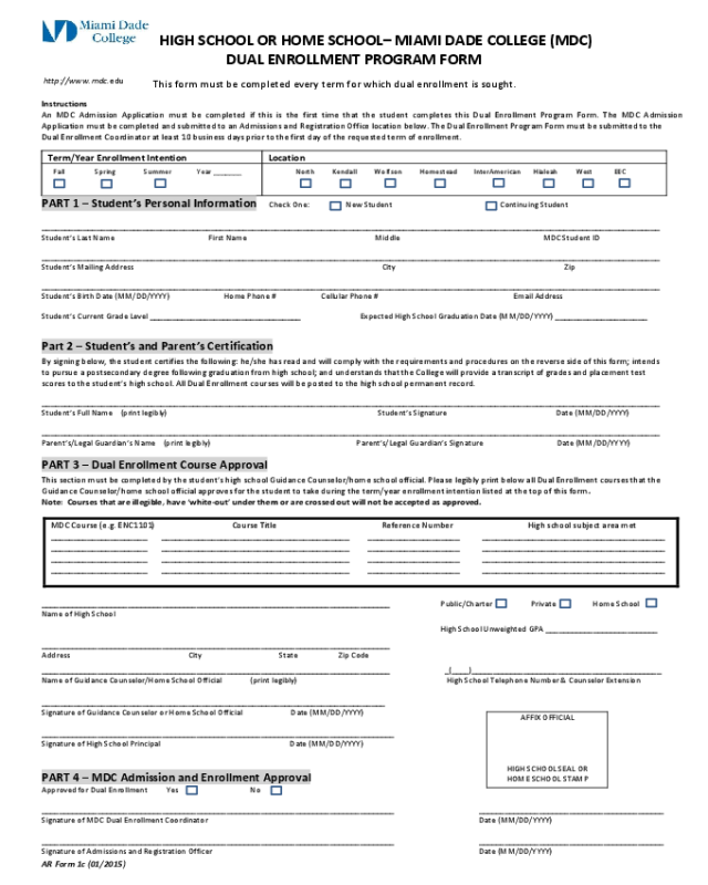 Miami Dade College Application Form for Dual Enrollment Program