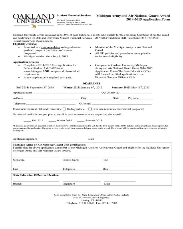 Michigan Army and Air National Guard Award 2014-2015 Application Form - Oakland University