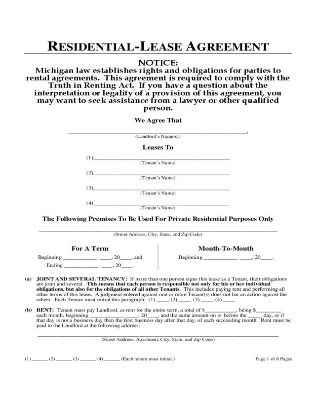 Michigan One Year Residential Lease Agreement