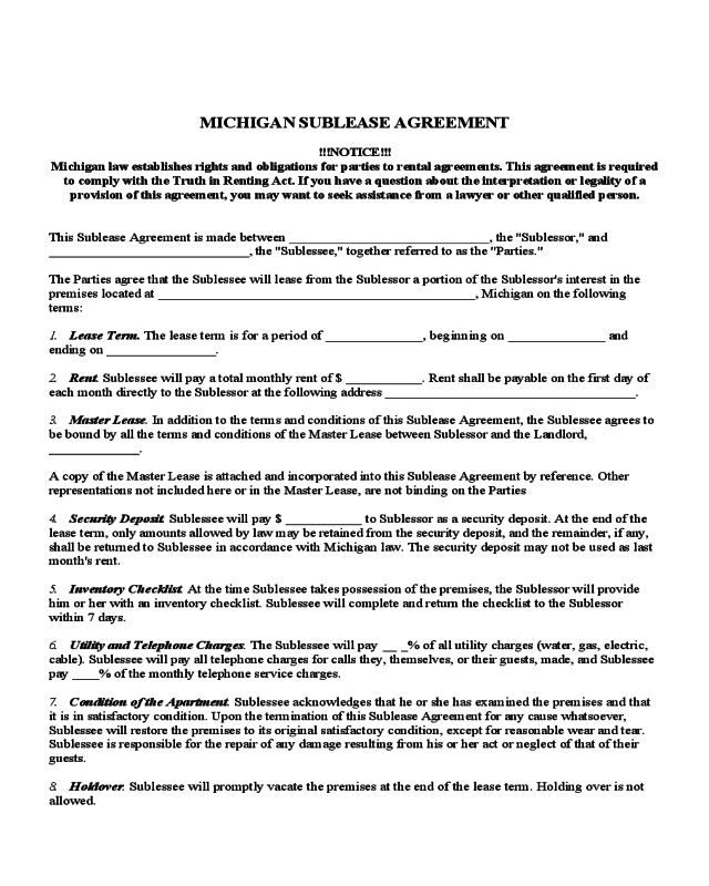 Michigan Sublease Agreement