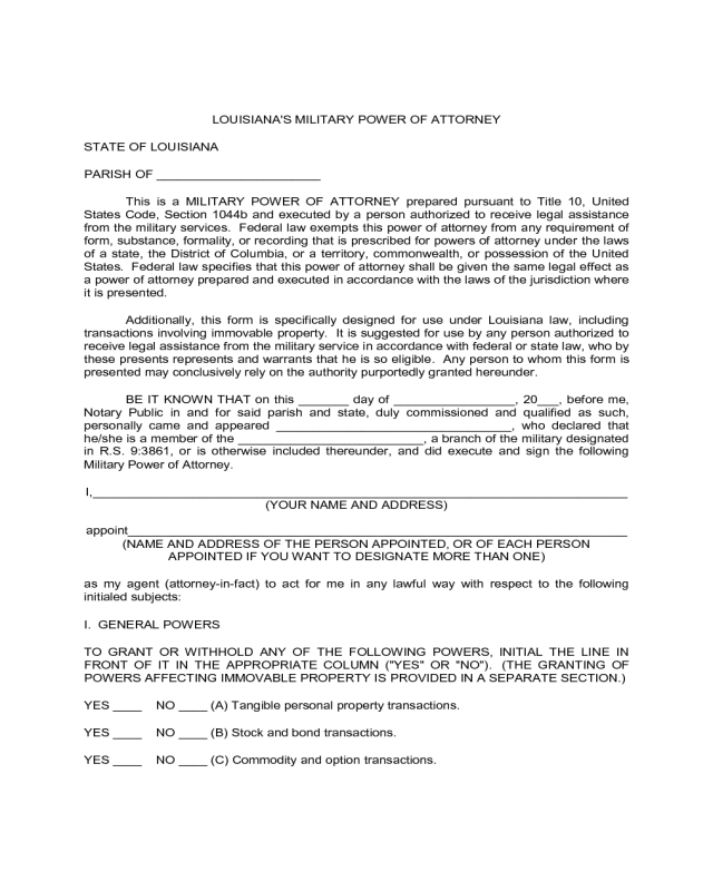 Military Power of Attorney Form - Louisiana