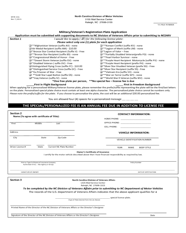 Military Veteran Registration Plates - North Carolina