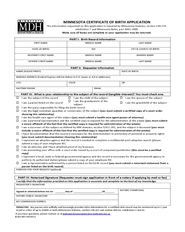Minnesota Certificate of Birth Application