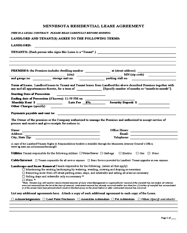 Minnesota Month-to-Month Lease Agreement