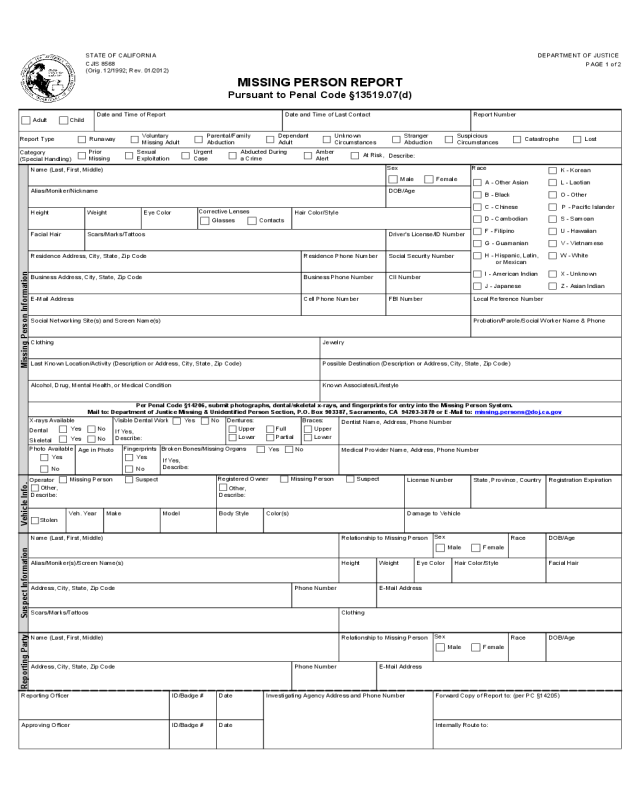 Missing Person Report Form - California
