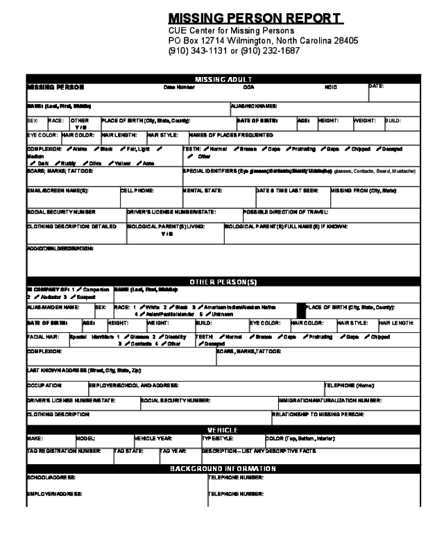 Missing Person Report Form - North Carolina